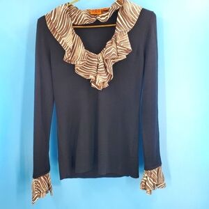 Tory Burch black wool sweater tan striped silk trim *flaw*